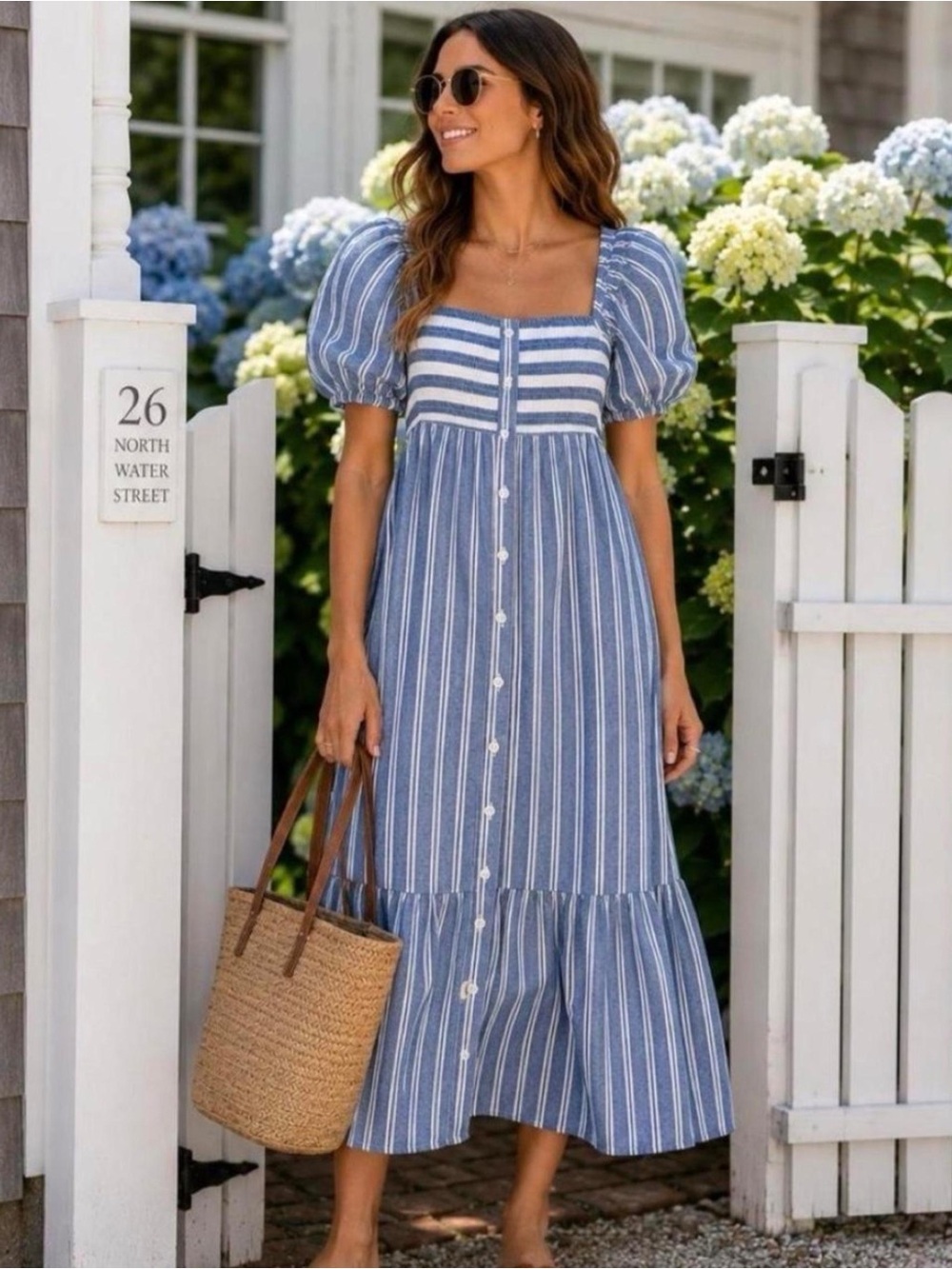 NWT LOVE TOMAS BY EMERSON FRY puff sleeve santiago midi striped dress (xs/s)